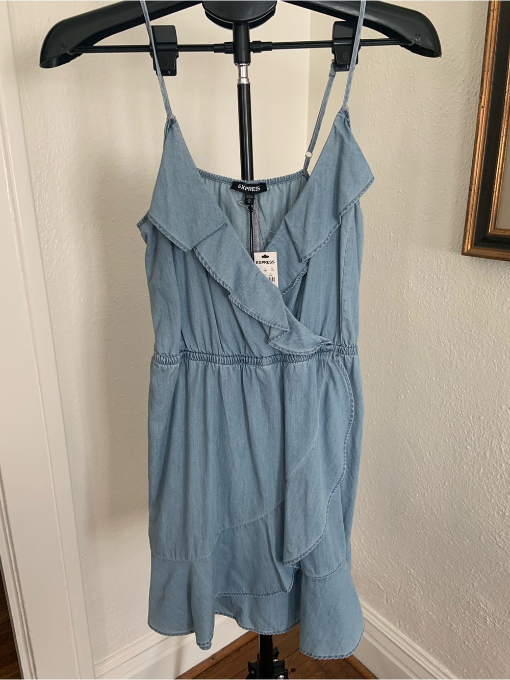 Express Light Blue Ruffle Chambray Mini Dress